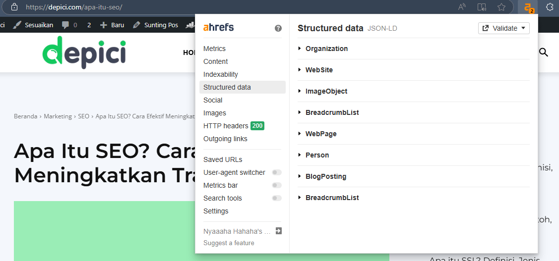 Cek Schema Markup di Ahrefs Toolbar